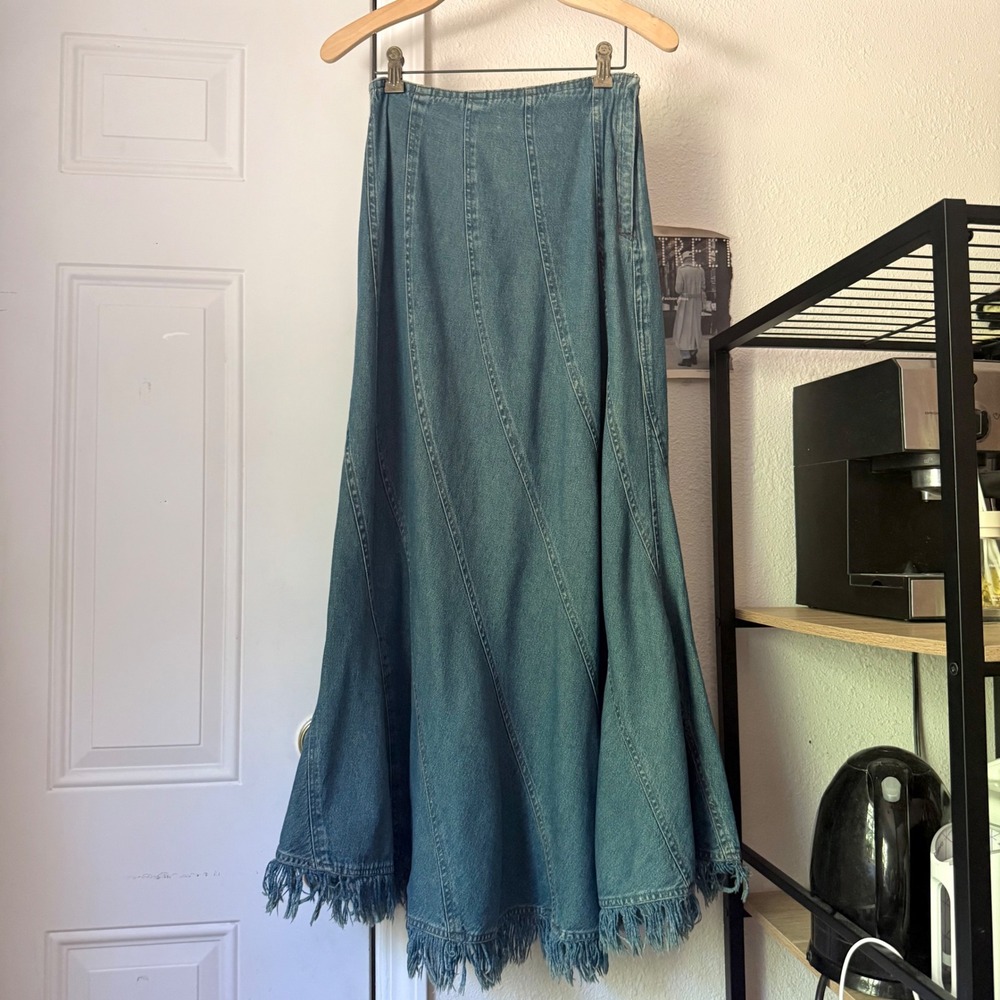 PAPILLION y2k vintage blue denim jean cotton fringe fray hem maxi skirt